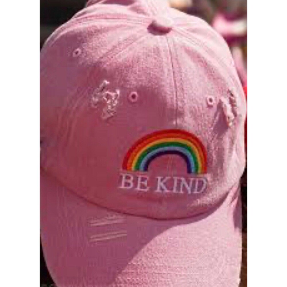Be Kind Rainbow Hat Pink women’s happy fun distressed classy